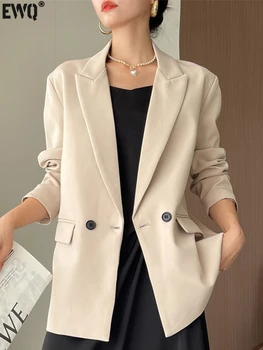 [EWQ] Офисный двубортный пиджак-блейзер с длинным рукавом для женщин, Модные Свободные костюмы с зазубринами, пальто, Новый тренд осени 2023 г.