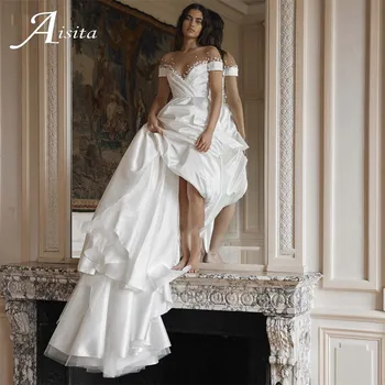 Великолепные свадебные платья трапециевидной формы с глубоким V-образным вырезом, открытыми плечами, Vestido Blanco, кружевами, открытой спиной, Королевским шлейфом, благородными свадебными платьями