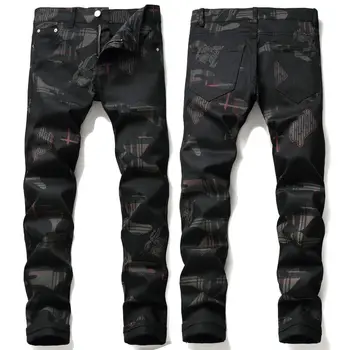 Модные мужские хлопчатобумажные брюки с принтом, осень 2023, высококачественная джинсовая ткань, черные стрейчевые Стильные повседневные уличные джинсы